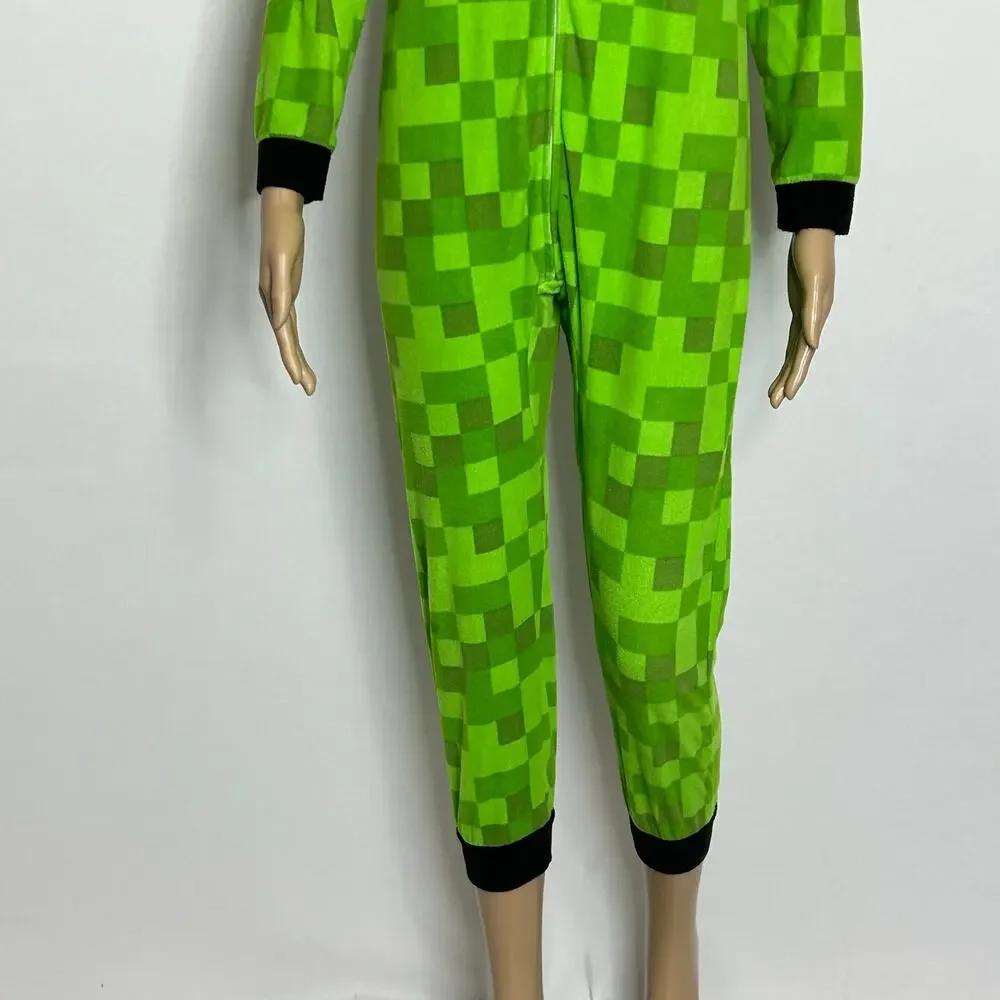Minecraft Boys 10/12 Green Pixel Fleece Hooded One Piece Pajama Costume